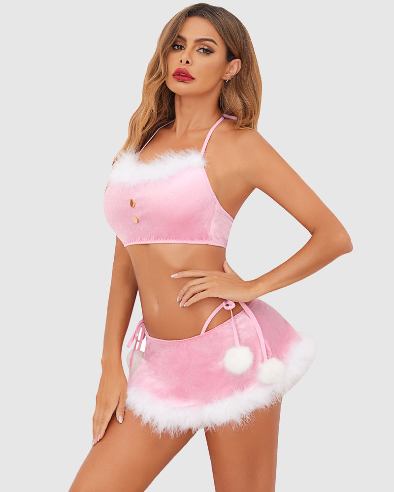 Velvet 3-piece lingerie set in pink with white faux-fur trim, featuring halter ties and skirt.