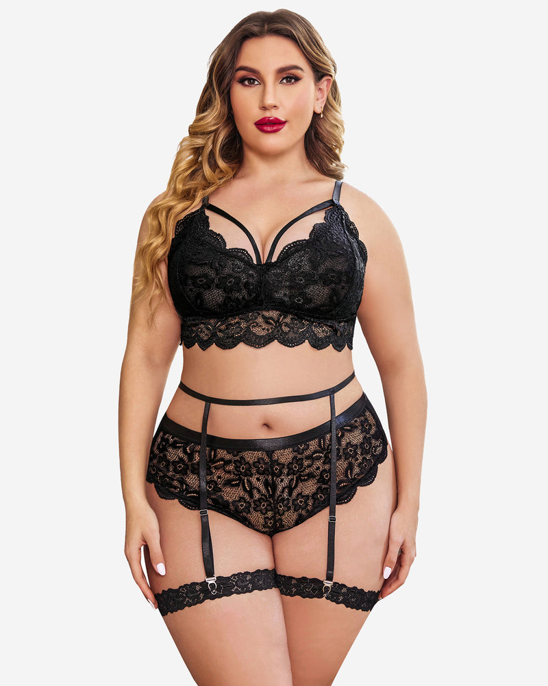 Black lace bra and panty set with garter straps and floral lace overlay