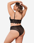 Black lace bralette and sheer thong with garter straps and scalloped trim