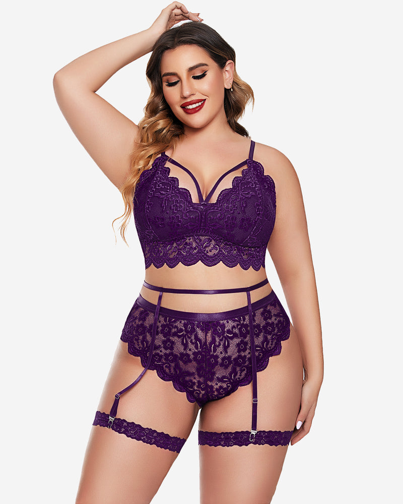 Purple lace-trim bra and panty set with garter straps and scalloped edges