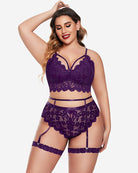 Purple lace-trim bra and panty set with garter straps and scalloped edges