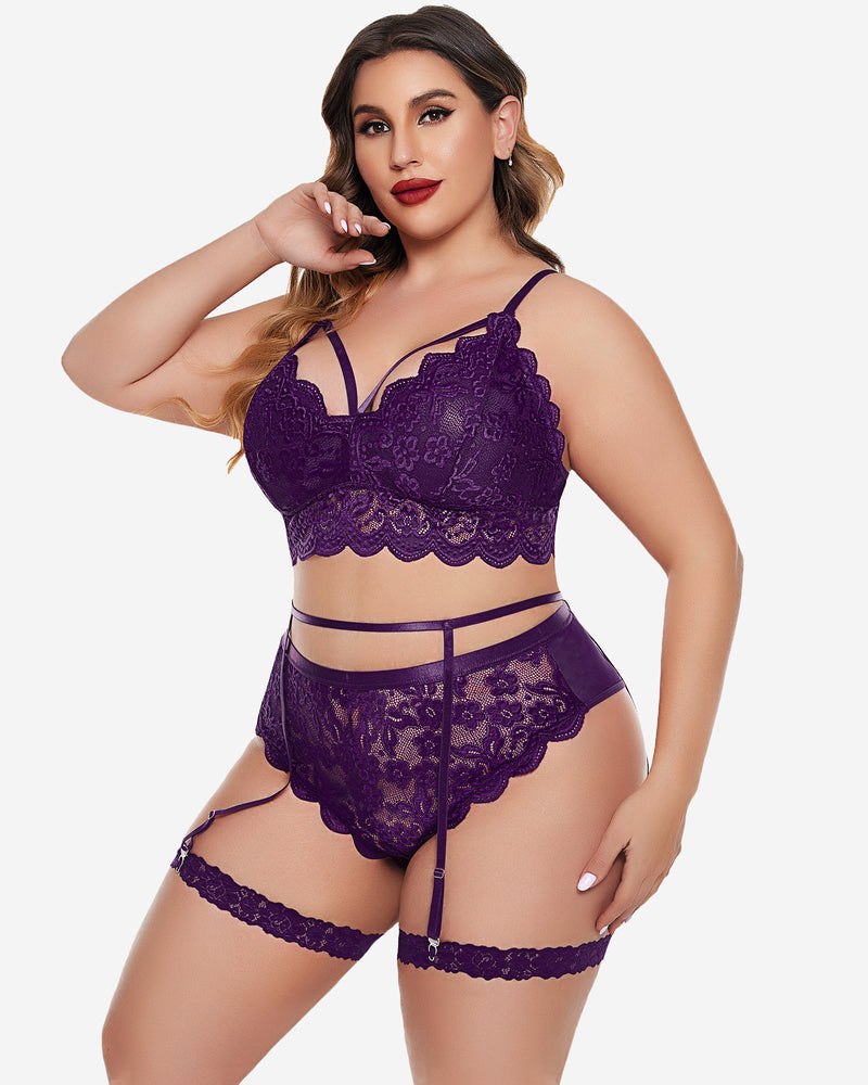Purple lace-trim bra and panty set with garter straps