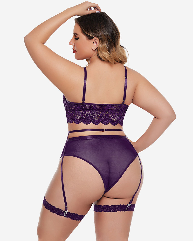 Purple lace-trim bra and panty set, back view with garter straps