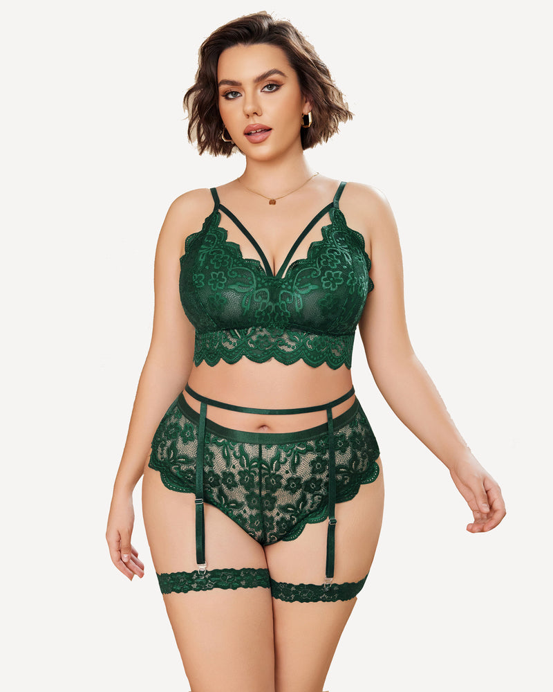 Dark green lace-trim bra and panty set with garter straps, sheer