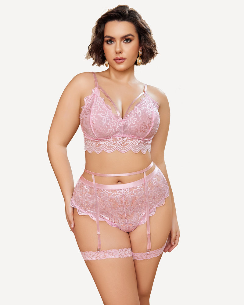 Light pink lace-trim bra and panty set with garter straps, sheer