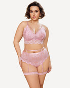 Light pink lace-trim bra and panty set with garter straps, sheer