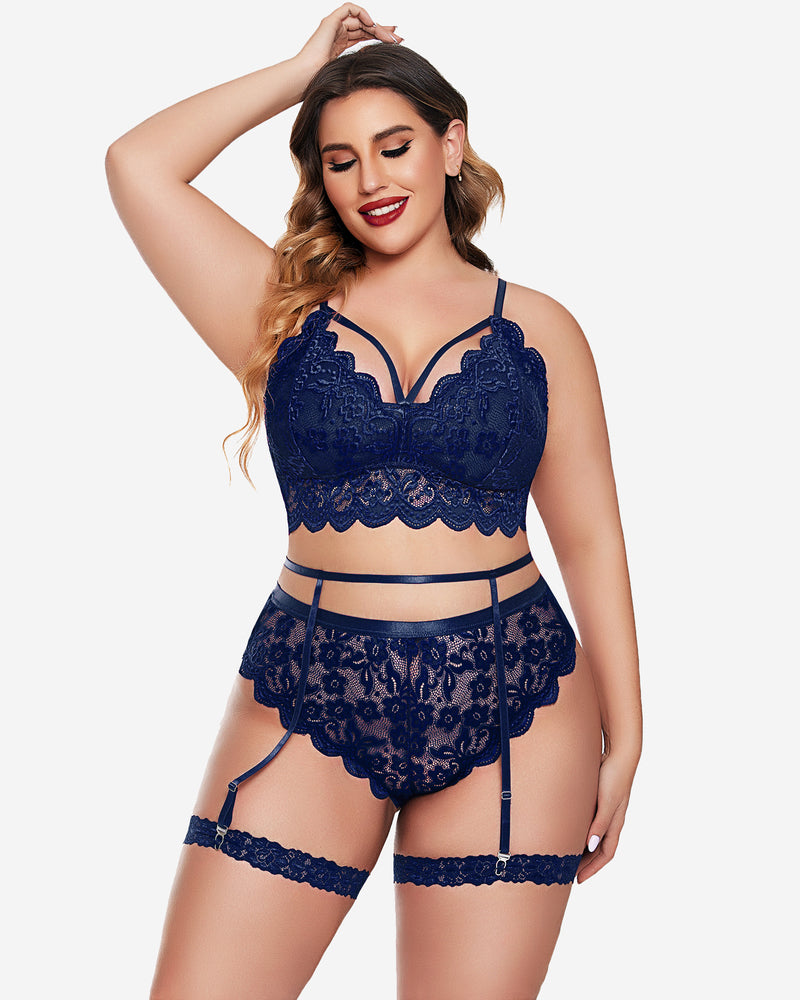 Dark blue lace-trim bra and panty set with garter straps