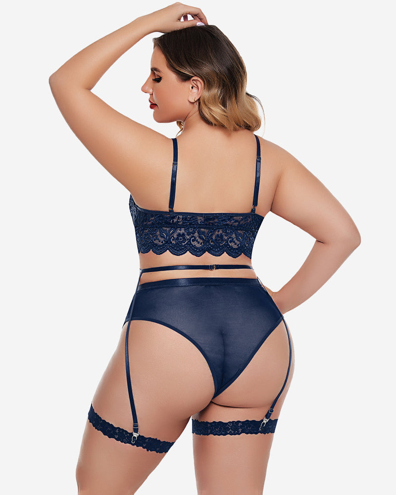 Dark blue lace-trim bra and panty set, back view with garter straps