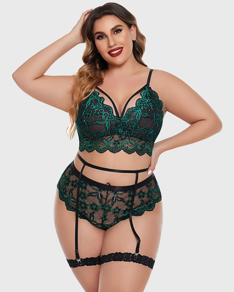 Green lace bra and panty set with garter straps and scalloped lace band