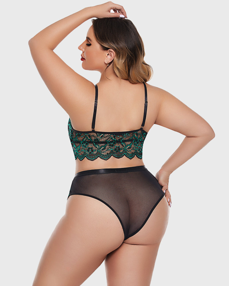 Green lace garter bra and high-leg sheer panty set with adjustable straps