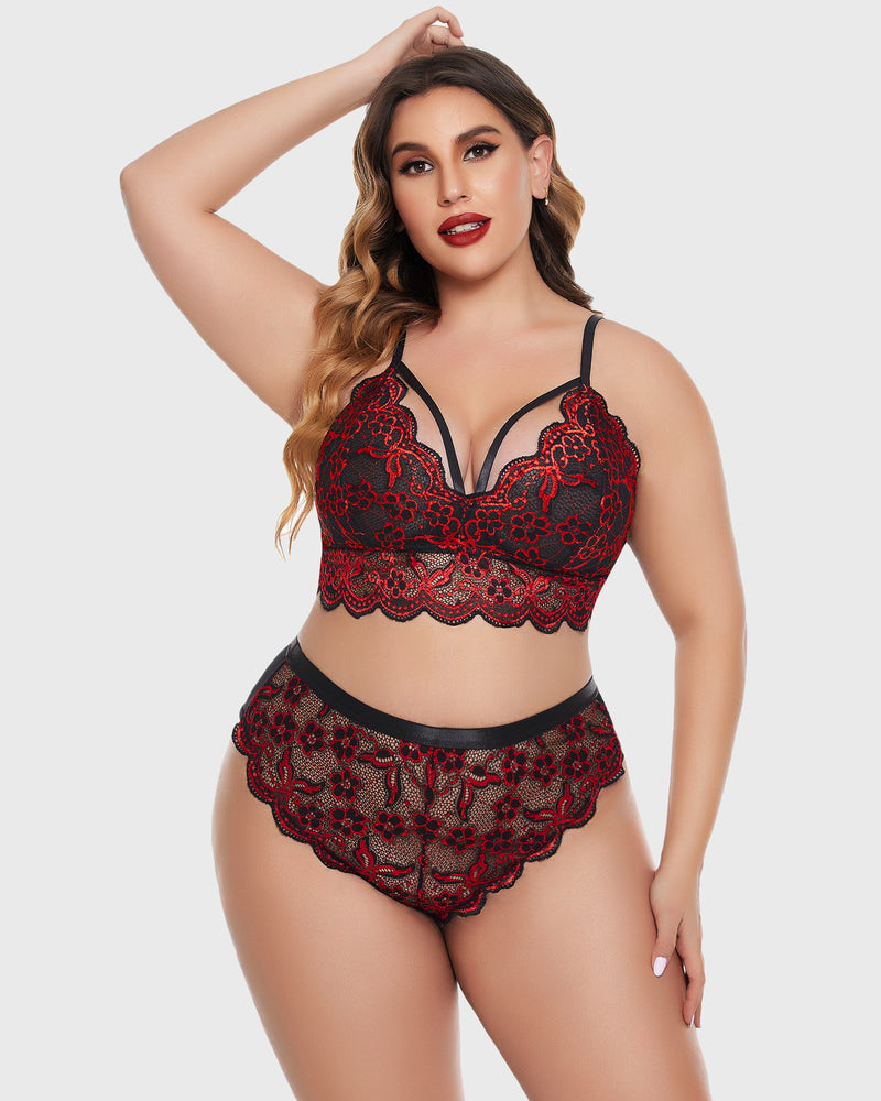 Wine red lace bra and high-leg panty set with scalloped lace trim