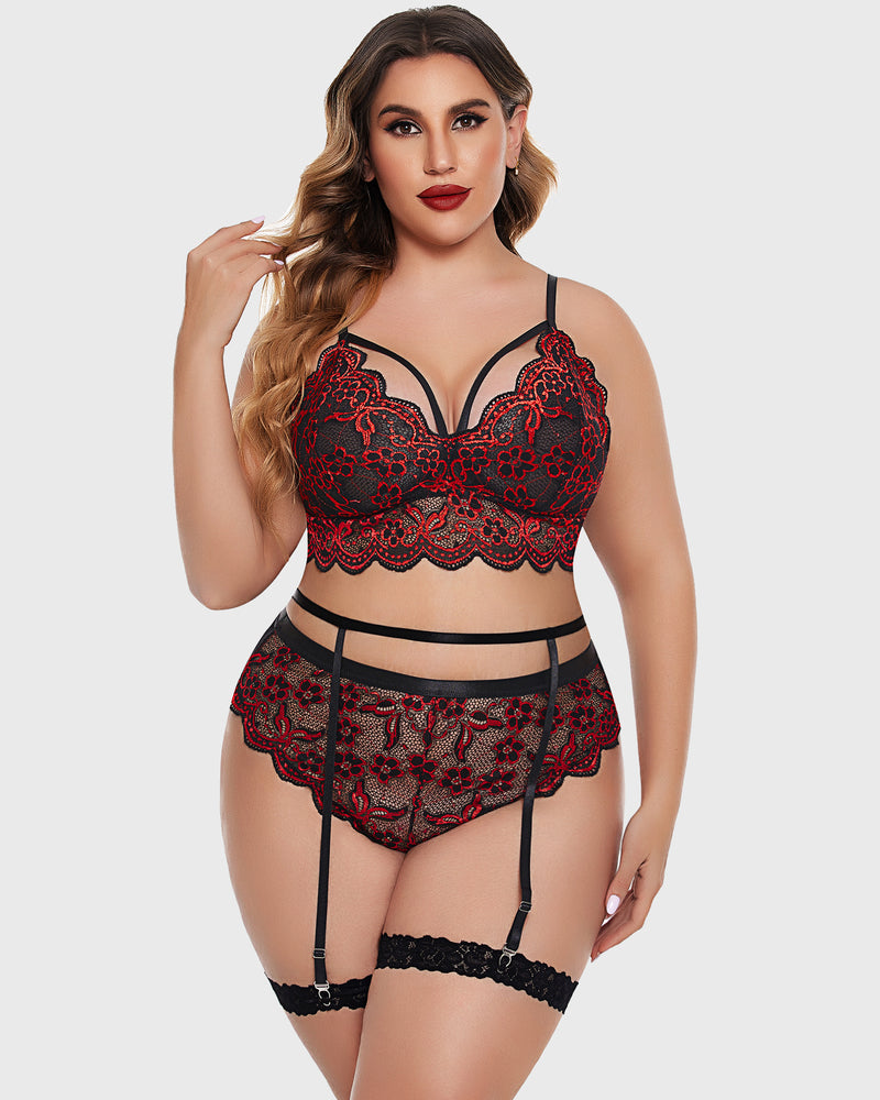 Wine red lace bra and panty set with garter straps and scalloped lace hem