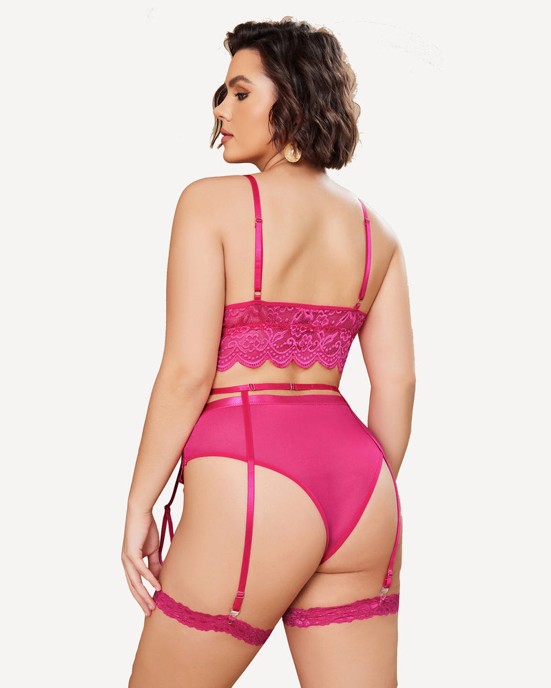 Rose red lace-trim bralette and high-waist panty set with garter straps