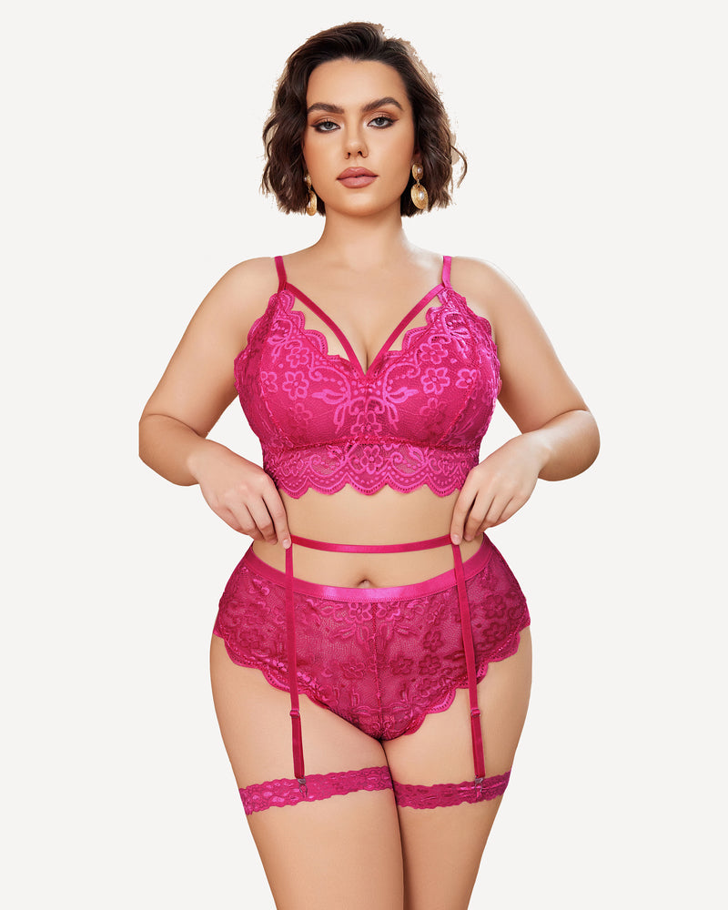 Rose red lace-trim bra and panty set with garter straps, sheer