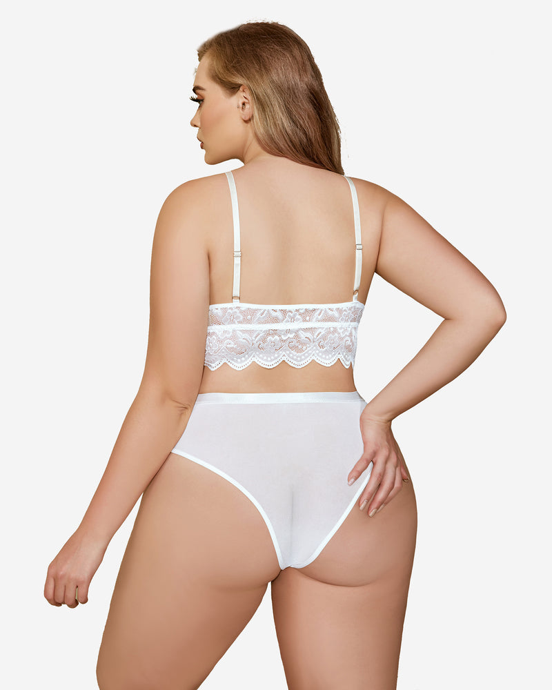 White lace back garter bra and high-leg panty set with adjustable straps