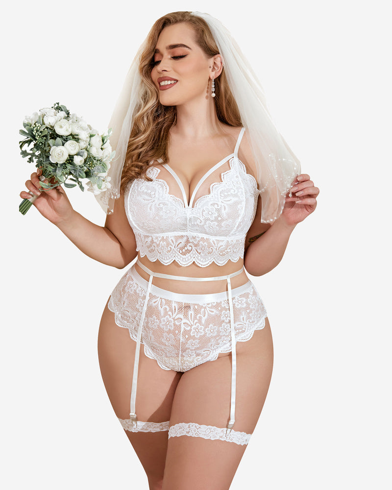 White lace bra and thong set with garter straps and scalloped trim