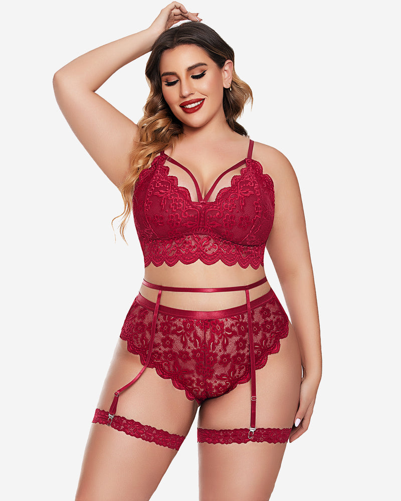 Red lace-trim bra and panty set with garter straps and lace bodice
