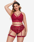 Red lace-trim bra and panty set with garter straps and lace bodice