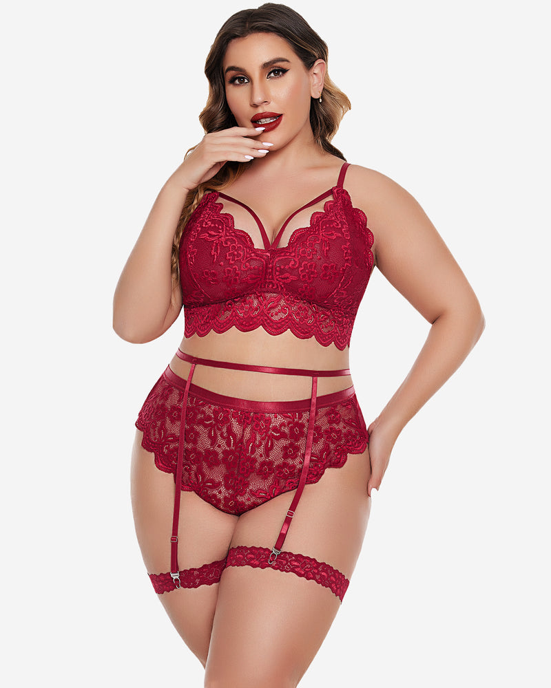 Wine red lace-trim bra and panty set with garter straps