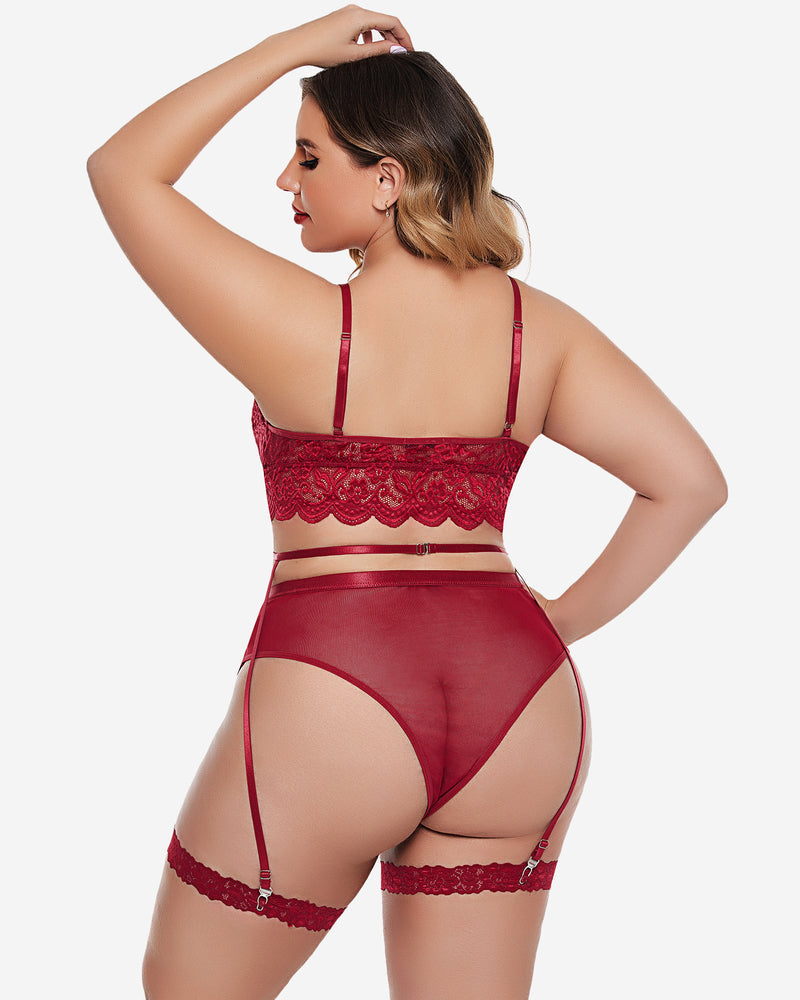 Wine red lace-trim bra and panty set, back view with garter straps