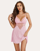 Pink lace slip nighty with V-neck lace trim and adjustable thin straps
