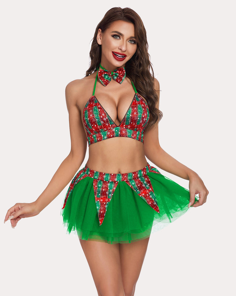 Plaid bra and mini skirt set with bow tie, green sparkle halter bra, short tulle skirt
