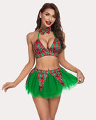 Plaid bra and mini skirt set with bow tie, green sparkle halter bra, short tulle skirt