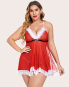 Red plus size babydoll lingerie dress with white fur V trim and lace hem, clasp
