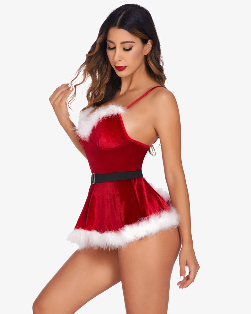 Red velvet lingerie set with thin straps, faux-fur trim edges and black waist belt