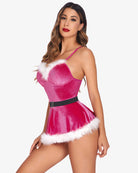Santa V-neck velvet lingerie with faux fur trim and belt, pink dress bodice