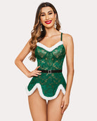 Green lace chemise with black belt and white faux-fur trim, sweetheart neckline
