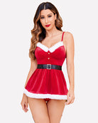 Red velvet lingerie set with underwire cups, black belt buckle, fluffy white trim, short skirt