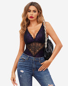 Purple lace snap-crotch teddy with plunging V-neck and mesh lace front