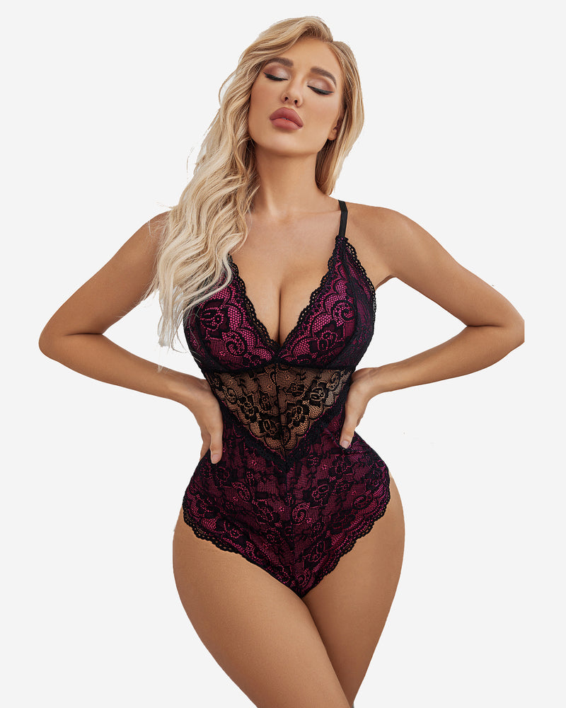 Red lace snap-crotch teddy with plunging V-neck and scalloped lace trim