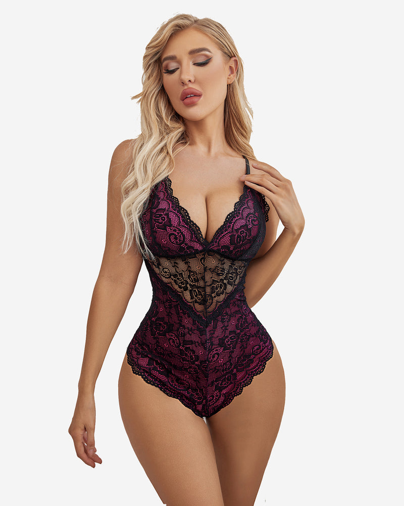 Burgundy lace snap-crotch teddy with plunging V-neck and scalloped lace trim