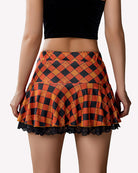 Plaid pleated mini skirt ruffle hem, orange blue diamond print, scalloped lace border