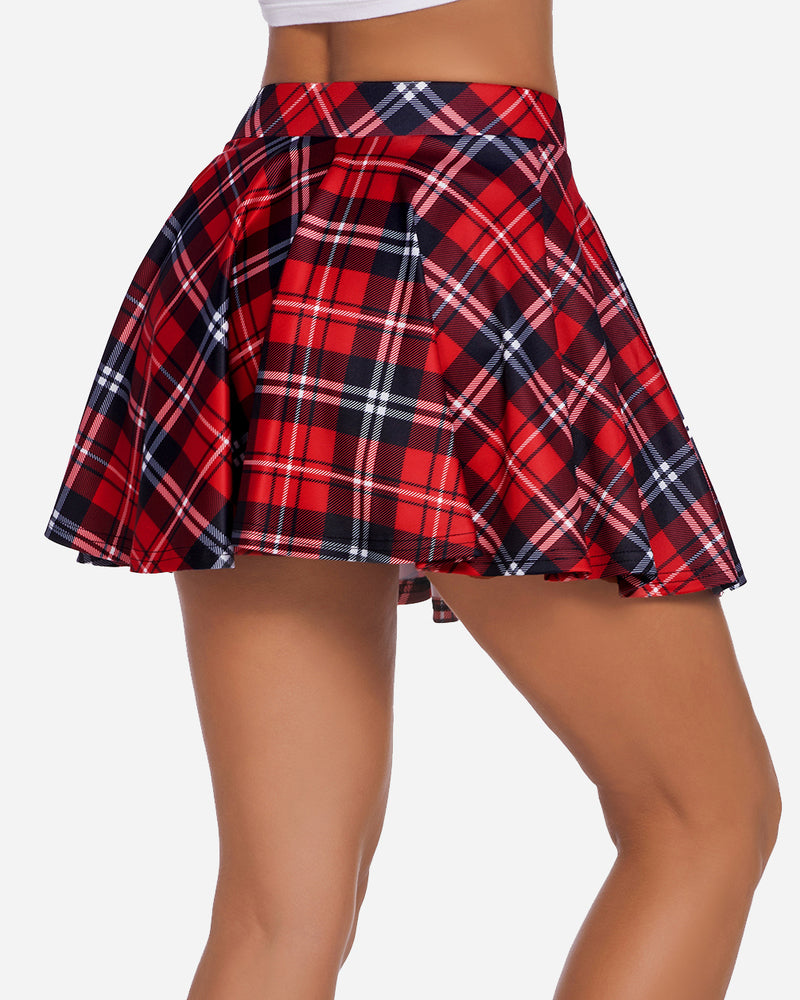 High waist A-line plaid skirt in red and navy with white grid lines