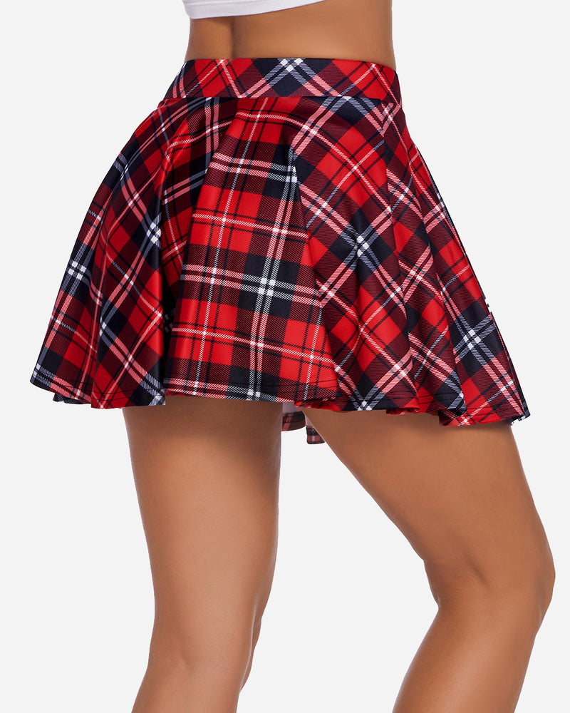 High waist A-line plaid skirt with red, black, and white tartan-style checks
