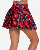 High waist A-line plaid skirt with red, black, and white tartan-style checks