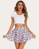 High-waist A-line skirt in pink and white plaid with a gathered waistband
