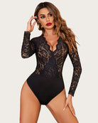 Black lace bodysuit with deep V neckline and long sleeves, fitted snap crotch