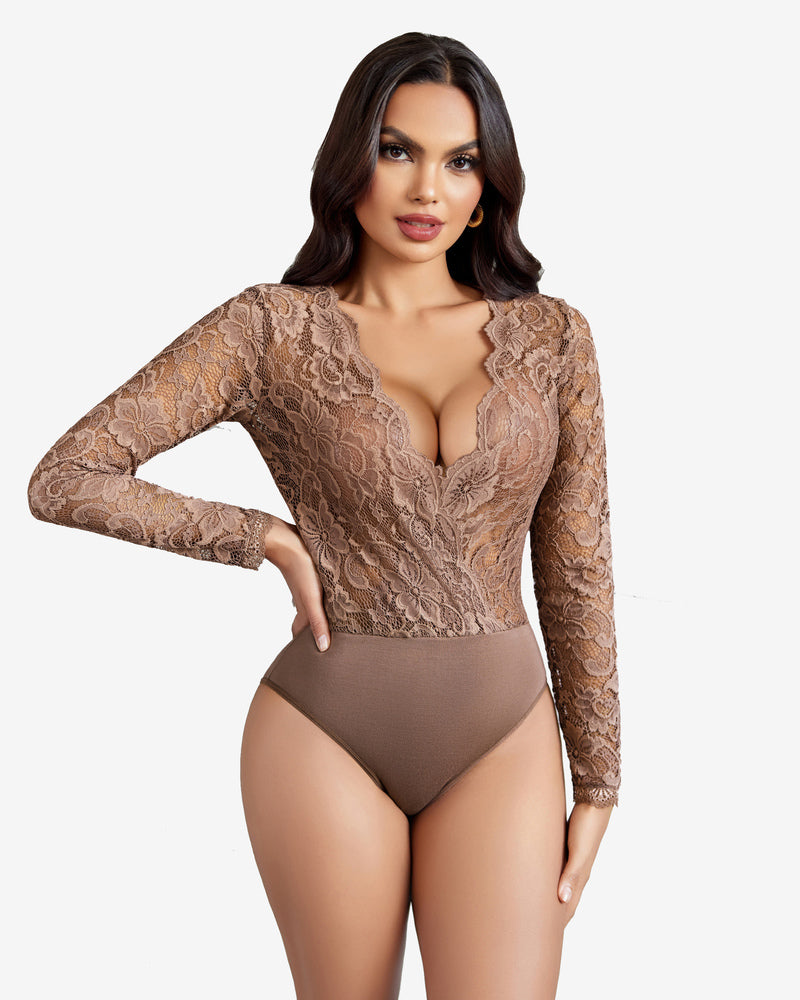 Taupe lace deep V bodysuit with long sleeves and snap crotch