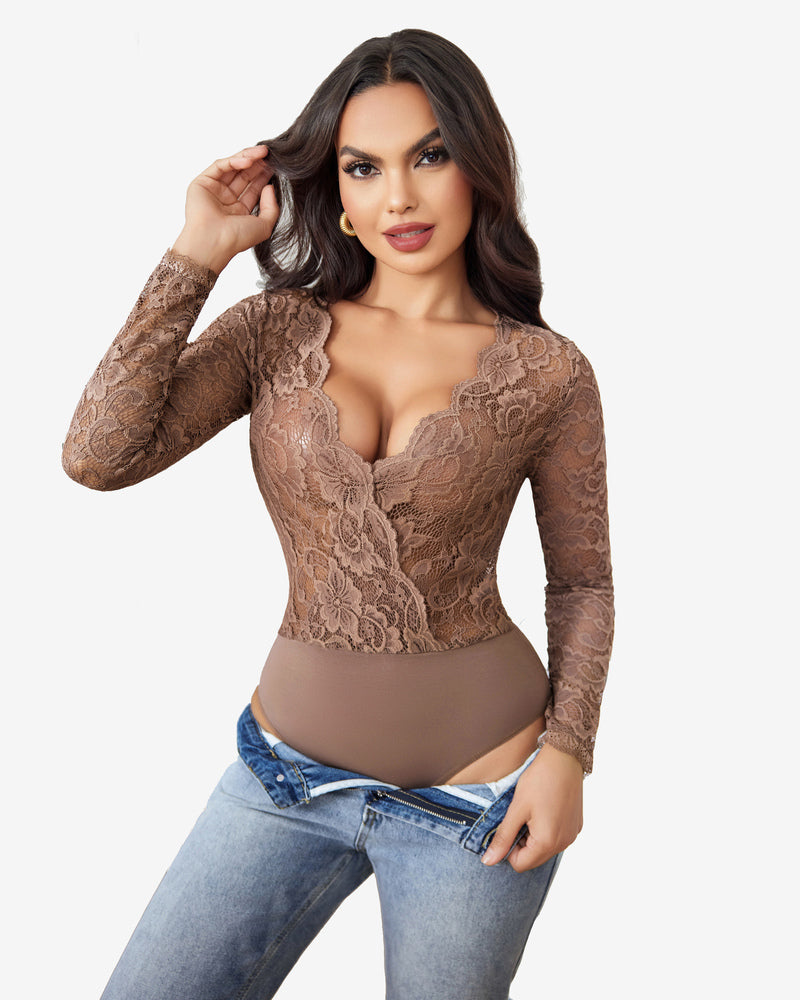 Taupe lace deep V bodysuit with long sleeves and snap crotch, sheer lace arms