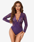 Purple lace deep V bodysuit with long sleeves and snap crotch
