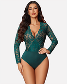 Teal lace deep V bodysuit with long sleeves and high-cut thong fit