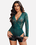 Teal lace bodysuit with deep V neckline and long sleeves, thong-style snap crotch