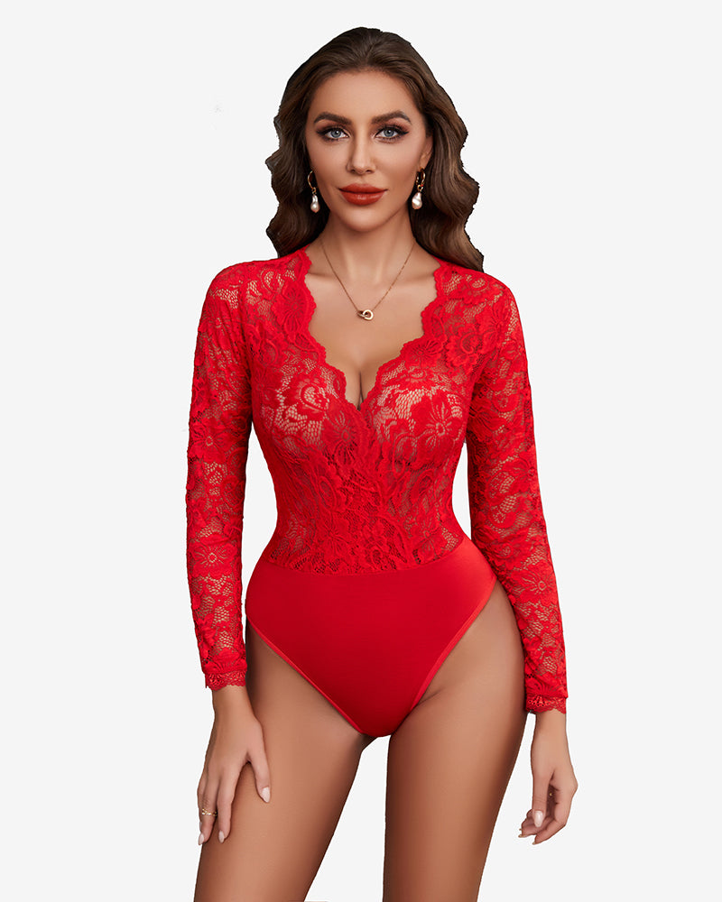 Red lace deep V bodysuit with long sleeves and snap crotch, fitted