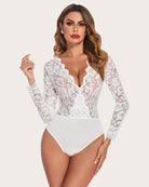 White lace long-sleeve bodysuit with scalloped deep V neckline and snap-crotch