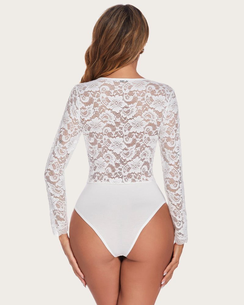 White lace long-sleeve bodysuit, back view with V-shaped leg cut