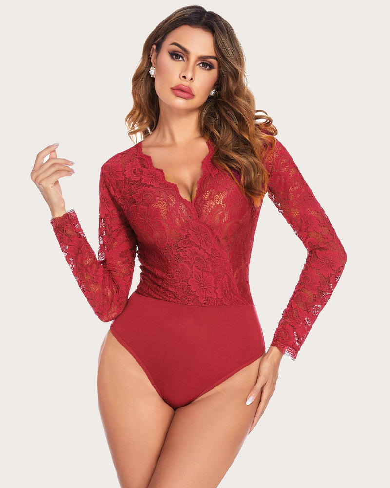 Red lace long-sleeve bodysuit with deep V neckline and fitted snap-crotch